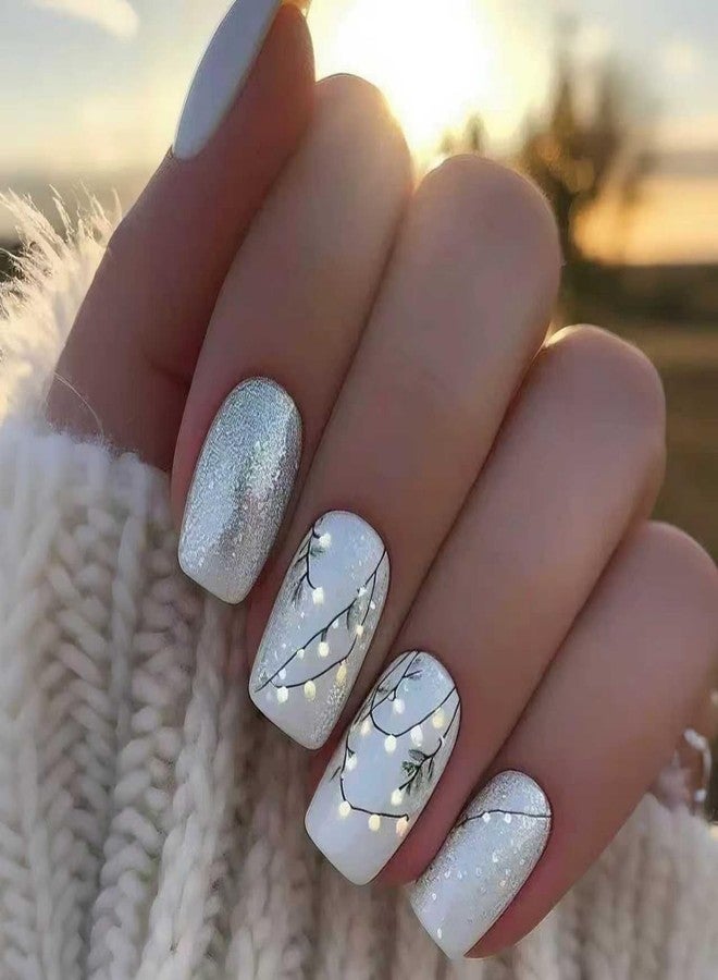 GRITOSE 24pcs Winter Press on Nail Medium Length Square Fake Nails Silvery Glitter Acrylic Artificial Nail with Colored Lights designs Christmas Glue on Nails Full Cover Xmas False Nails for Women Holiday - Image 1